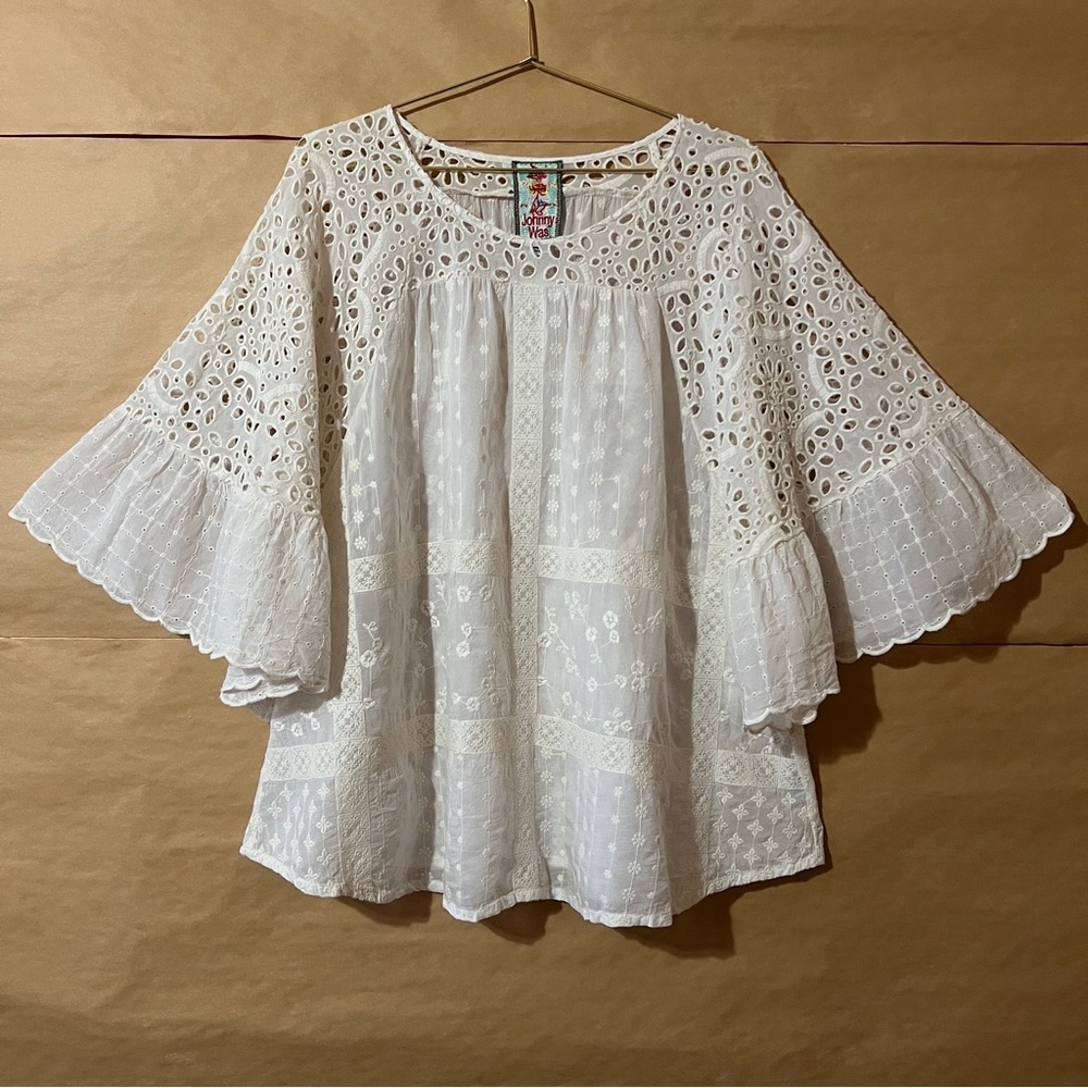 Johnny Was | Plaid Eyelet Embroidered Top Popover Blouse Flutter Sleeve Size M